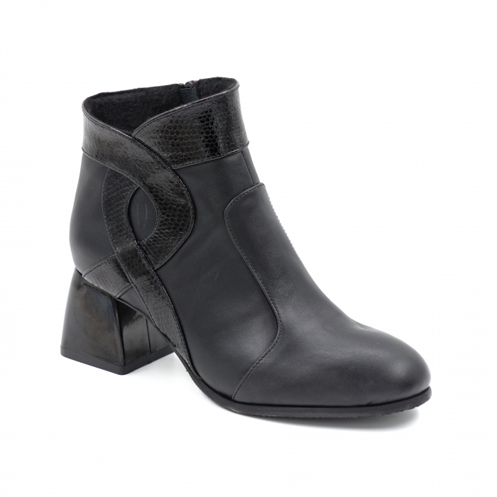 Ghete dama elegante din piele naturala neagra si croco negru cu varf rotund si toc mic gros 6 cm 939-24 [2]