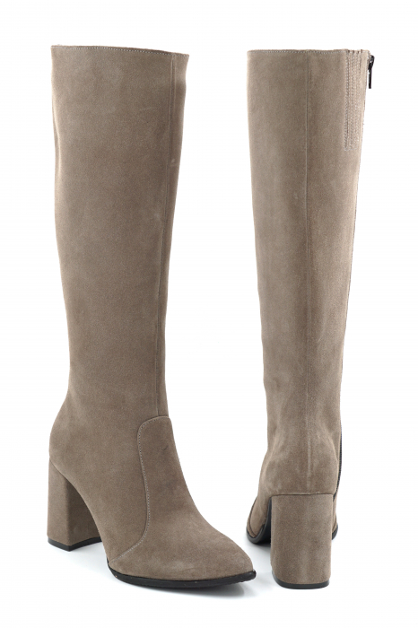 Cizme dama din piele naturala intoarsa grej cu varf ascutit stiletto si toc mediu gros imbracat de 8 cm 70123-11-25 [5]