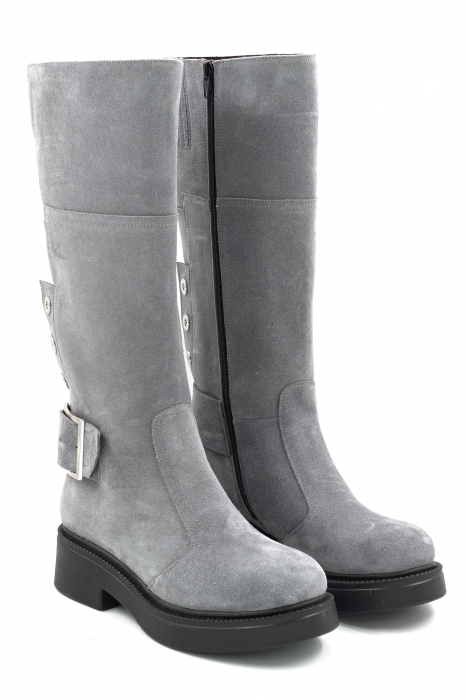 Cizme dama casual din piele naturala intoarsa gri cu varf rotund si talpa de 3 cm 74819-25 [3]