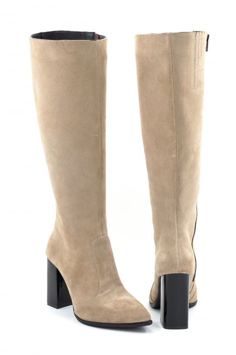 Cizme dama din piele naturala intoarsa bej cappucino cu varf ascutit si toc inalt gros de 9 cm 70123-18-25 [5]