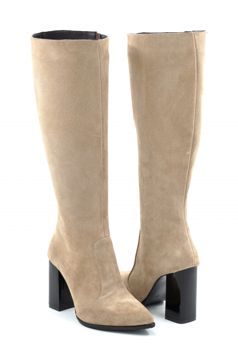 Cizme dama din piele naturala intoarsa bej cappucino cu varf ascutit si toc inalt gros de 9 cm 70123-18-25 [4]
