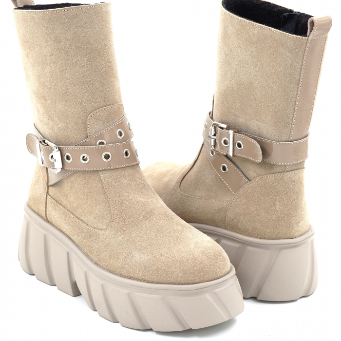 Cizma dama din piele naturala intoarsa bej cappucino cu varf rotund si talpa de 5 cm 75719-25 [4]