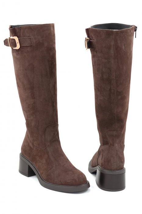 Cizme dama casual din piele naturala intoarsa maro cu varf rotund si toc mic gros de 4 cm 70725-25 [5]