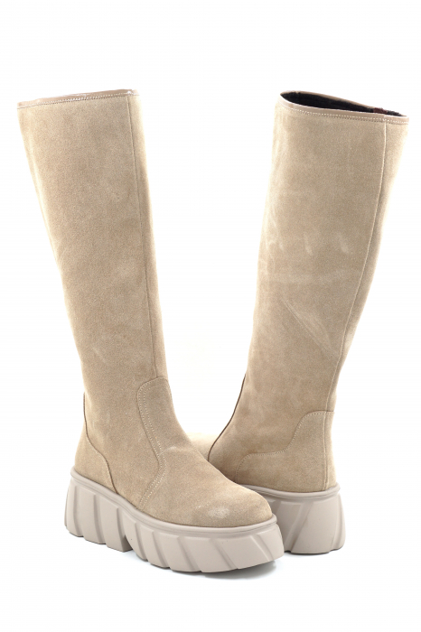 Cizme dama casual din piele naturala intoarsa bej cappucino cu varf rotund si talpa de 5 cm 77121-25 [4]