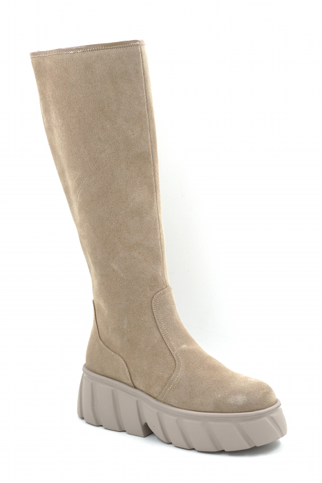Cizme dama casual din piele naturala intoarsa bej cappucino cu varf rotund si talpa de 5 cm 77121-25 [2]