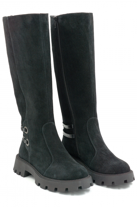 Cizme dama casual din piele naturala intoarsa neagra cu varf rotund si talpa de 3 cm 74919-25 [3]
