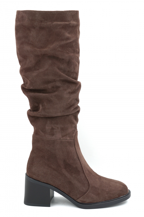 Cizme dama casual din piele naturala intoarsa maro cu varf rotund si toc mic gros de 6 cm 77221-8-25 [1]