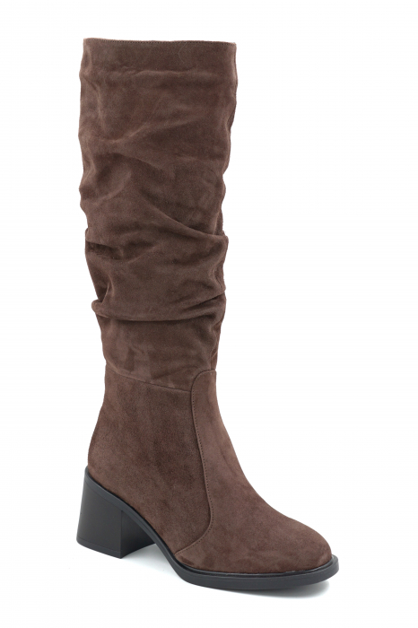 Cizme dama casual din piele naturala intoarsa maro cu varf rotund si toc mic gros de 6 cm 77221-8-25 [2]