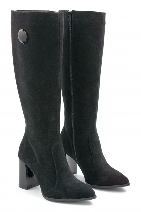 Cizme dama din piele naturala intoarsa neagra cu varf ascutit stiletto si toc mediu gros de 8 cm 70623-25 [3]