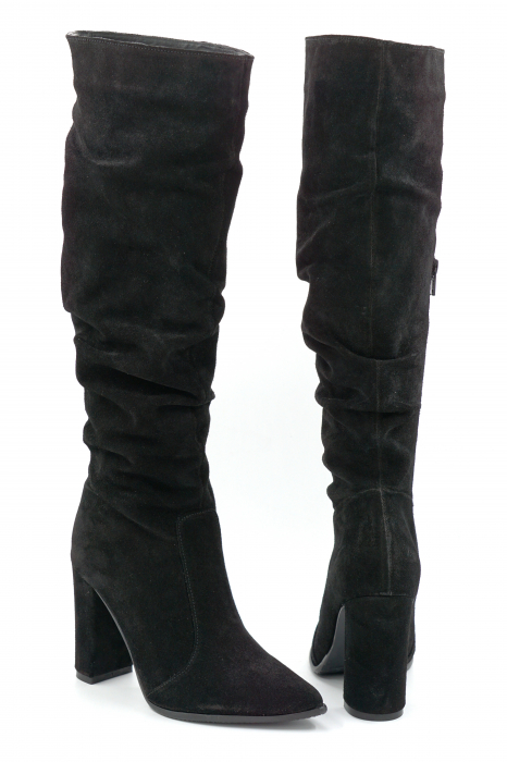 Cizme dama din piele naturala intoarsa neagra cu varf ascutit stiletto si toc inalt gros imbracat de 9 cm 77221-10-25 [5]
