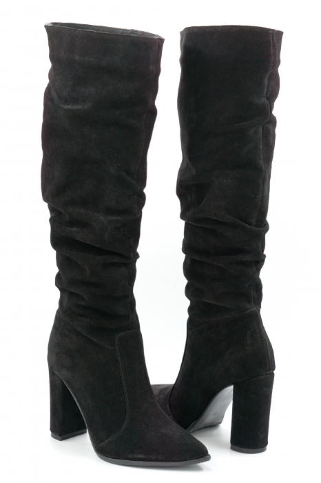Cizme dama din piele naturala intoarsa neagra cu varf ascutit stiletto si toc inalt gros imbracat de 9 cm 77221-10-25 [4]