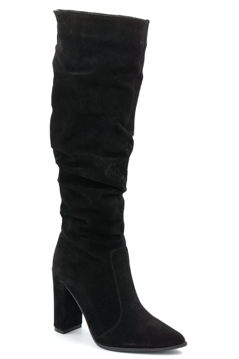 Cizme dama din piele naturala intoarsa neagra cu varf ascutit stiletto si toc inalt gros imbracat de 9 cm 77221-10-25 [2]