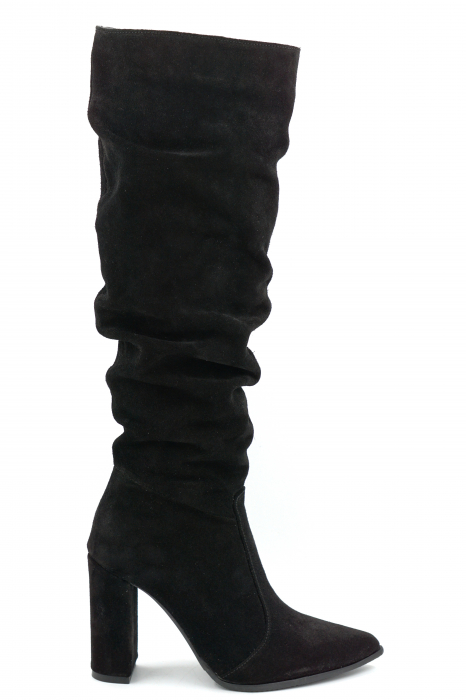 Cizme dama din piele naturala intoarsa neagra cu varf ascutit stiletto si toc inalt gros imbracat de 9 cm 77221-10-25 [1]