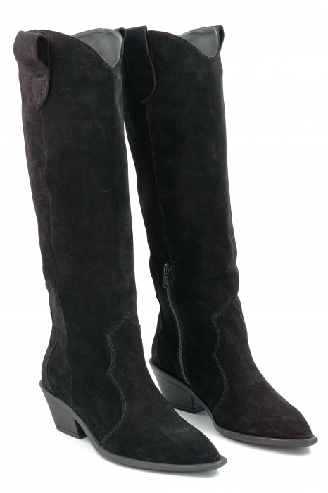 Cizme dama tip ciocate din piele naturala intoarsa neagra cu varf ascutit si toc mic gros de 4 cm 71625-2-25 [4]
