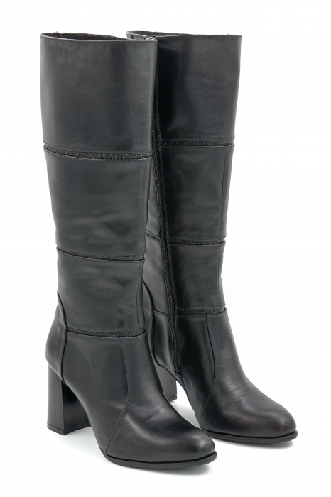 Cizme dama din piele naturala neagra cu varf rotund si toc mediu gros de 8 cm 12411-1-25 [3]