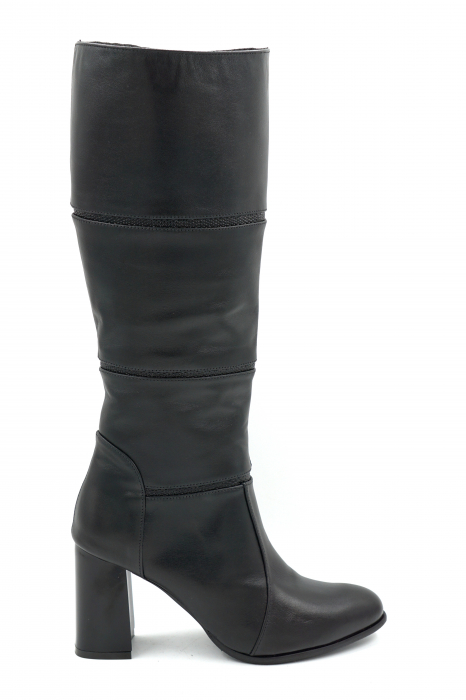 Cizme dama din piele naturala neagra cu varf rotund si toc mediu gros de 8 cm 12411-1-25 [1]