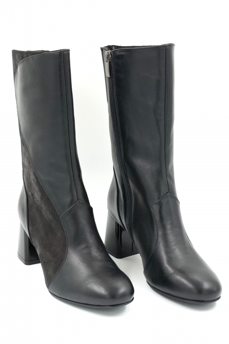 Cizme dama elegante scurte din piele naturala neagra si cu imprimeu negru cu varf rotund si toc mic gros 5 cm 33514-23 [3]