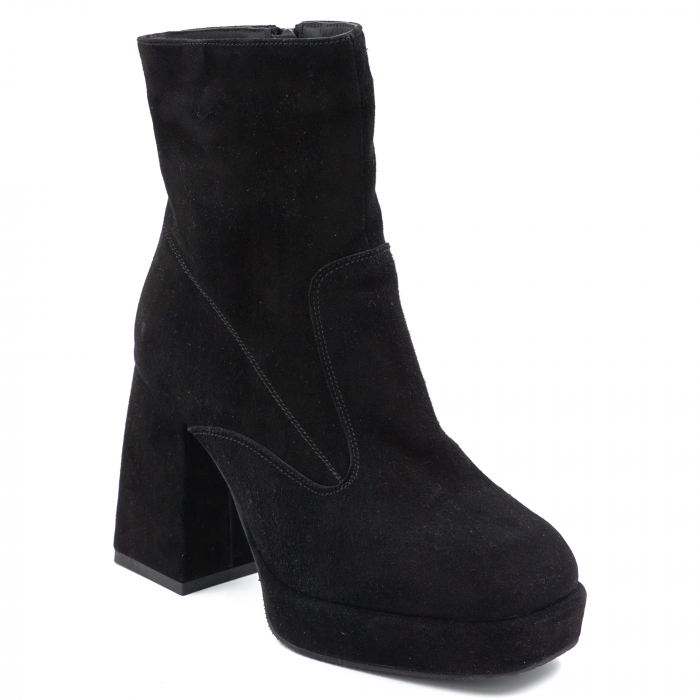 Ghete dama elegante din piele naturala intoarsa neagra cu varf patrat, platforma 3 cm si toc inalt gros 9 cm 70424-1-24 [2]