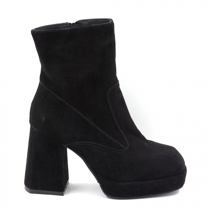 Ghete dama elegante din piele naturala intoarsa neagra cu varf patrat, platforma 3 cm si toc inalt gros imbracat 9 cm 70424-1-24 [1]