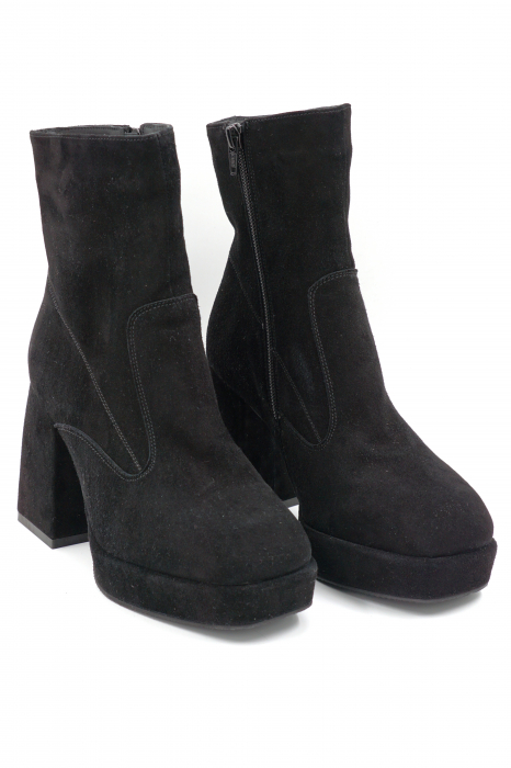 Ghete dama elegante din piele naturala intoarsa neagra cu varf patrat, platforma 3 cm si toc inalt gros imbracat 9 cm 70424-1-24 [3]