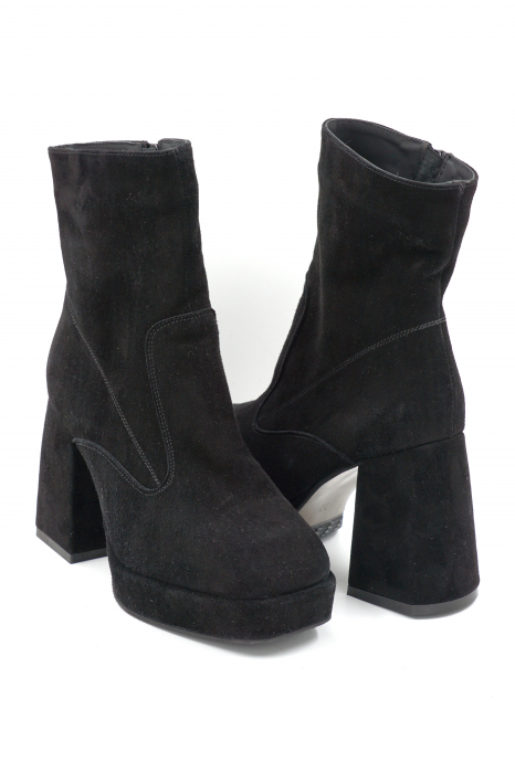 Ghete dama elegante din piele naturala intoarsa neagra cu varf patrat, platforma 3 cm si toc inalt gros imbracat 9 cm 70424-1-24 [4]