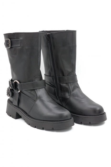 Cizme dama casual scurte din piele naturala neagra cu accesorii metalice, varf rotund si toc 3 cm 71024-24 [3]