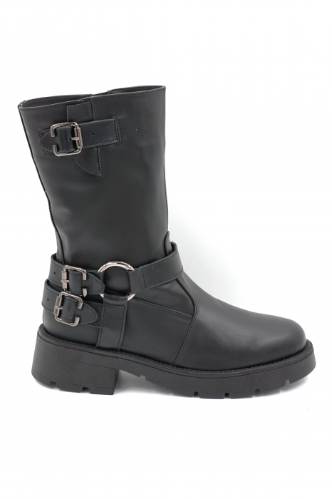 Cizme dama casual scurte din piele naturala neagra cu accesorii metalice, varf rotund si toc 3 cm 71024-24 [1]