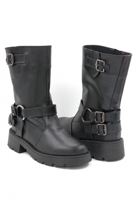 Cizme dama casual scurte din piele naturala neagra cu accesorii metalice, varf rotund si toc 3 cm 71024-24 [4]