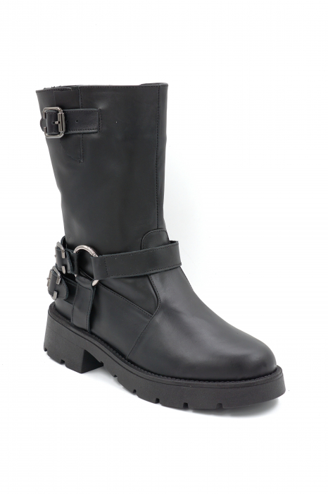 Cizme dama casual scurte din piele naturala neagra cu accesorii metalice, varf rotund si toc 3 cm 71024-24 [2]