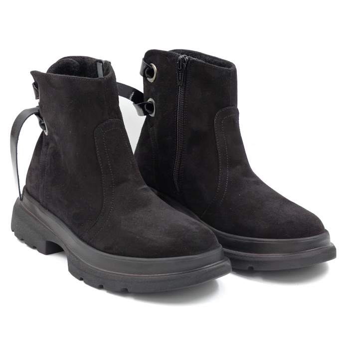 Ghete dama casual din piele naturala intoarsa neagra cu accesorii metalice, varf rotund si talpa 3 cm 71120-24 [3]