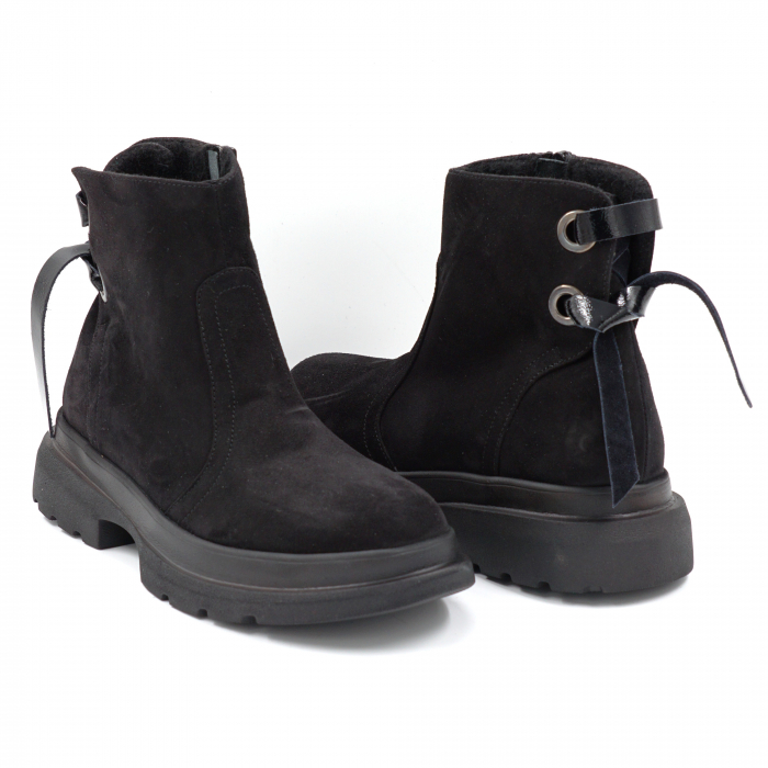 Ghete dama casual din piele naturala intoarsa neagra cu accesorii metalice, varf rotund si talpa 3 cm 71120-24 [4]
