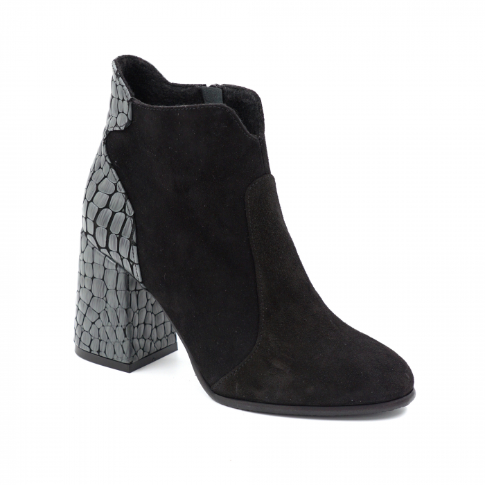 Ghete dama elegante din piele naturala intoarsa neagra si cu imprimeu 3D croco gri, cu varf rotund si toc mediu gros imbracat 8 cm 71420-24 [2]