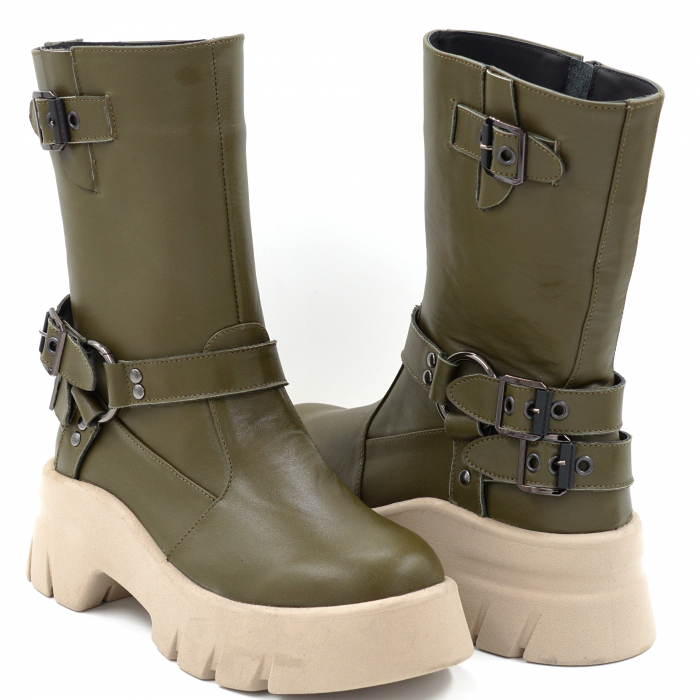 Cizme dama din piele naturala verde kaki cu varf rotund, talpa 5 cm si cu accesorii metalice 71824-24 [4]