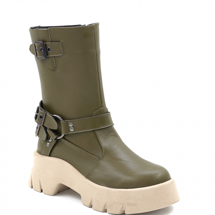 Cizme dama din piele naturala verde kaki cu varf rotund, talpa 5 cm si cu accesorii metalice 71824-24 [2]