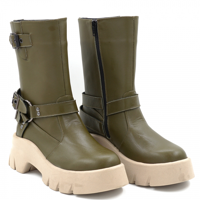 Cizme dama din piele naturala verde kaki cu varf rotund, talpa 5 cm si cu accesorii metalice 71824-24 [3]