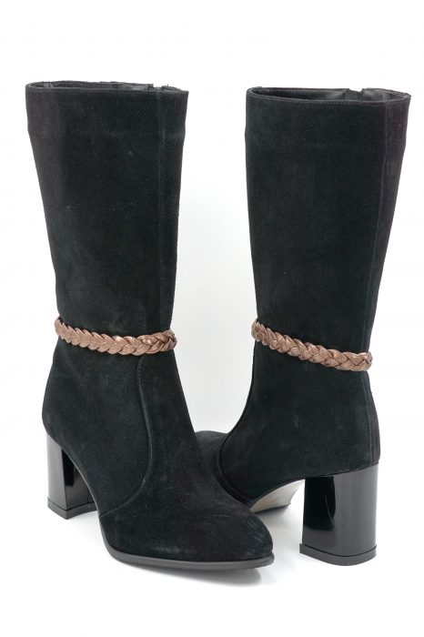 Cizme dama elegante scurte din piele naturala intoarsa neagra cu varf ascutit si toc mediu gros 7 cm 72018-1-24 [3]