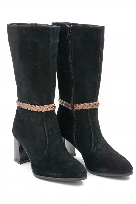 Cizme dama elegante scurte din piele naturala intoarsa neagra cu varf ascutit si toc mediu gros 7 cm 72018-1-24 [4]