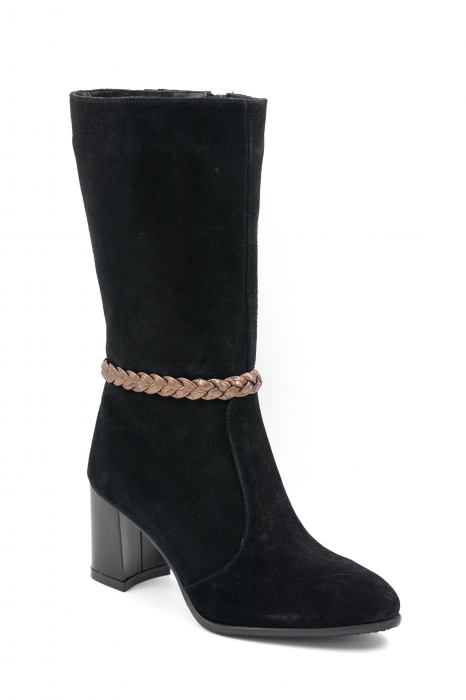 Cizme dama elegante scurte din piele naturala intoarsa neagra cu varf ascutit si toc mediu gros 7 cm 72018-1-24 [2]
