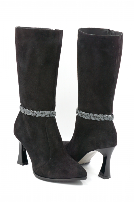 Cizme dama elegante scurte din piele naturala intoarsa neagra cu varf ascutit stileto si toc inalt subtire 8 cm 72018-2-24 [3]