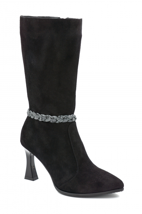 Cizme dama elegante scurte din piele naturala intoarsa neagra cu varf ascutit stileto si toc mediu subtire 8 cm 72018-2-24 [2]