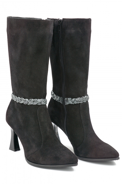 Cizme dama elegante scurte din piele naturala intoarsa neagra cu varf ascutit stileto si toc inalt subtire 8 cm 72018-2-24 [4]
