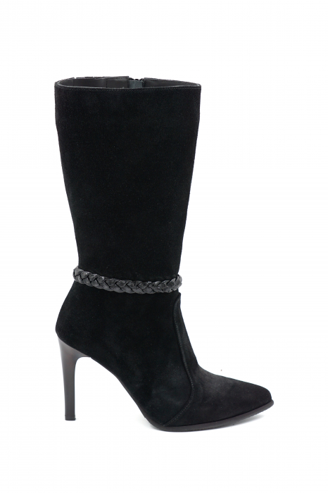 Cizme dama elegante scurte din piele naturala intoarsa neagra cu varf ascutit stileto si toc inalt subtire 8 cm 72018-24 [1]