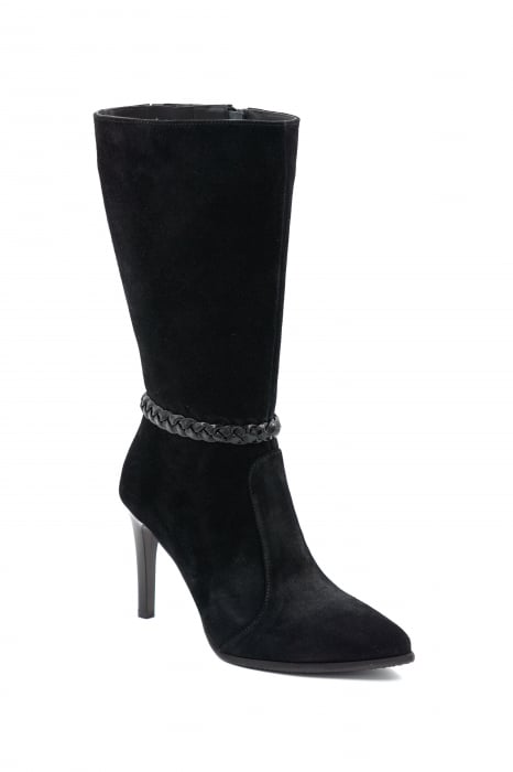 Cizme dama elegante scurte din piele naturala intoarsa neagra cu varf ascutit stileto si toc mediu subtire 8 cm 72018-24 [2]