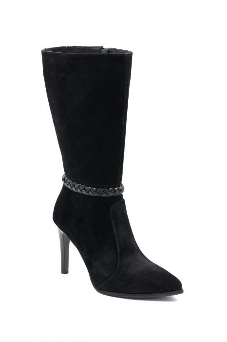 Cizme dama elegante scurte din piele naturala intoarsa neagra cu varf ascutit stileto si toc inalt subtire 8 cm 72018-24 [2]
