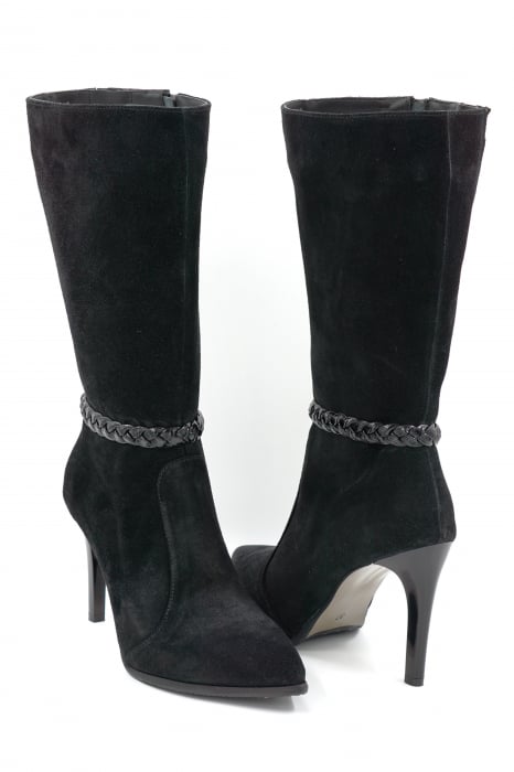 Cizme dama elegante scurte din piele naturala intoarsa neagra cu varf ascutit stileto si toc mediu subtire 8 cm 72018-24 [3]