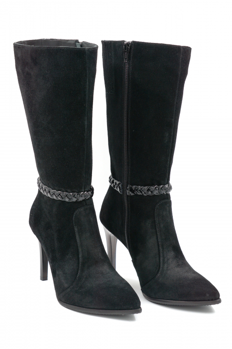 Cizme dama elegante scurte din piele naturala intoarsa neagra cu varf ascutit stileto si toc mediu subtire 8 cm 72018-24 [4]