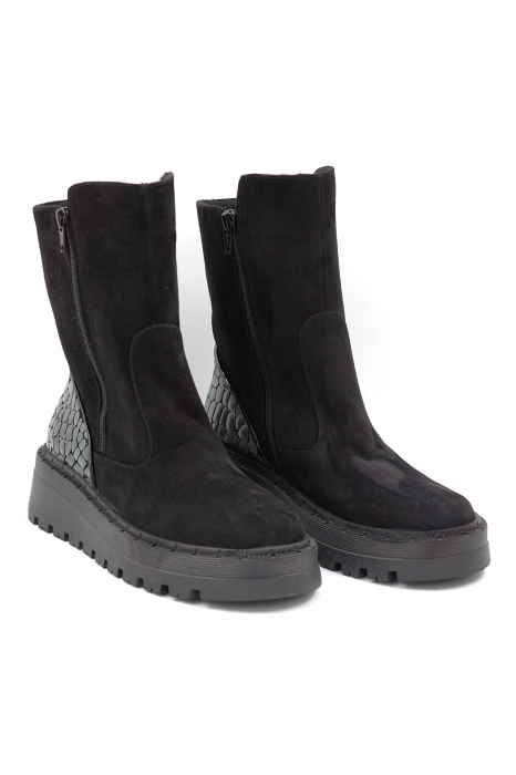 Ghete dama casual din piele naturala intoarsa neagra si cu imprimeu croco gri mat cu varf rotund si talpa 4 cm 74319-1-24 [3]