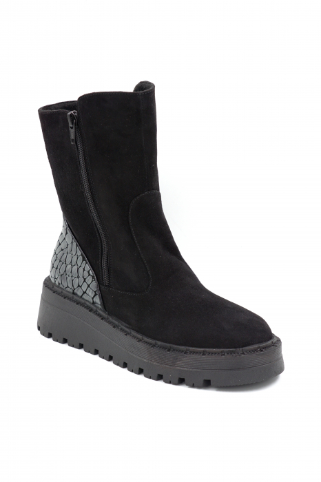 Ghete dama casual din piele naturala intoarsa neagra si cu imprimeu croco gri mat cu varf rotund si talpa 4 cm 74319-1-24 [2]