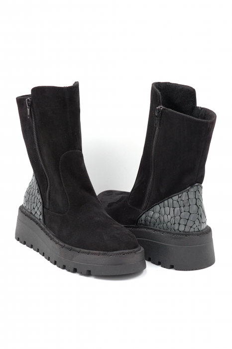 Ghete dama casual din piele naturala intoarsa neagra si cu imprimeu croco gri mat cu varf rotund si talpa 4 cm 74319-1-24 [4]