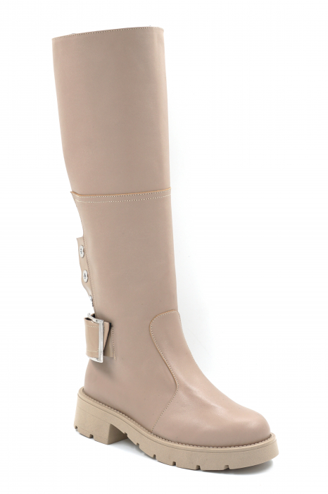 Cizme lungi dama din piele naturala bej grej cu varf rotund, talpa 4 cm si accesorii metalice  74719-24 [2]